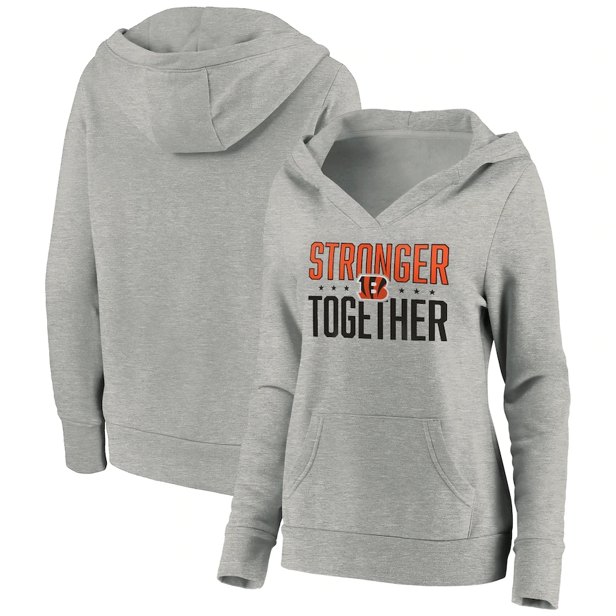 Women's Cincinnati Bengals Heather Gray Stronger Together Crossover Neck Pullover Hoodie(Run Small)